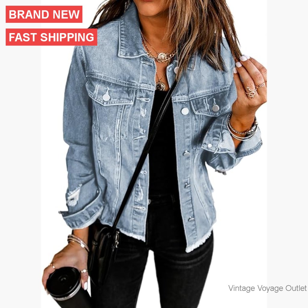 Womens Boyfriend Crop Denim Jacket Washed Distressed Fringe Hem
